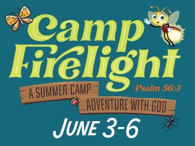 a button that says "camp firelight", a VBS summer camp on June 3-6 with different insects and a firefly